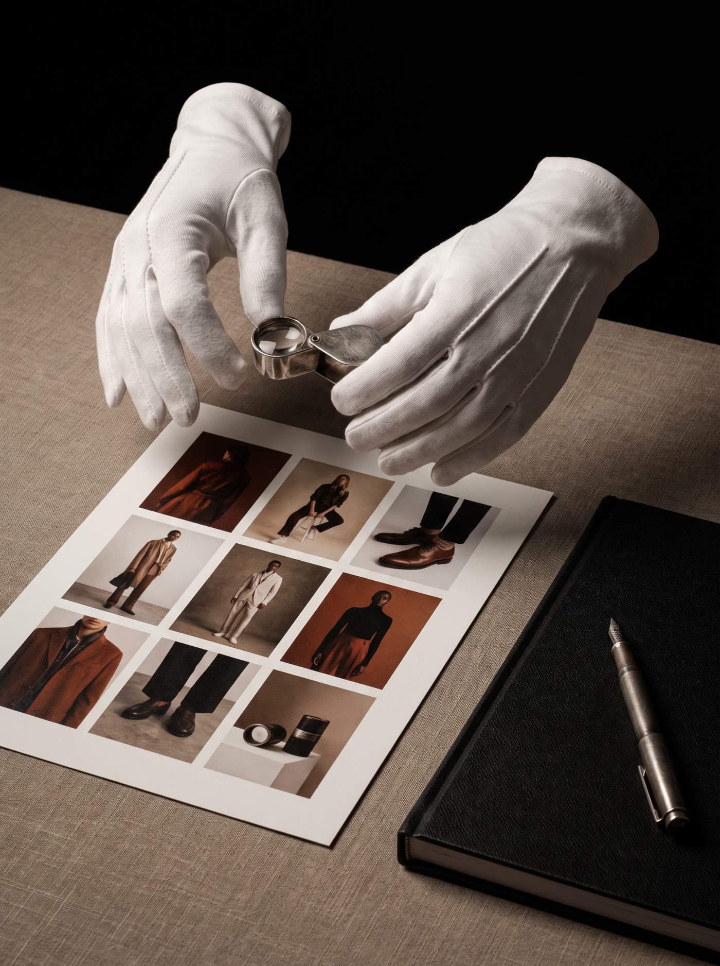 Mains gantées examinant des photos à la loupe
