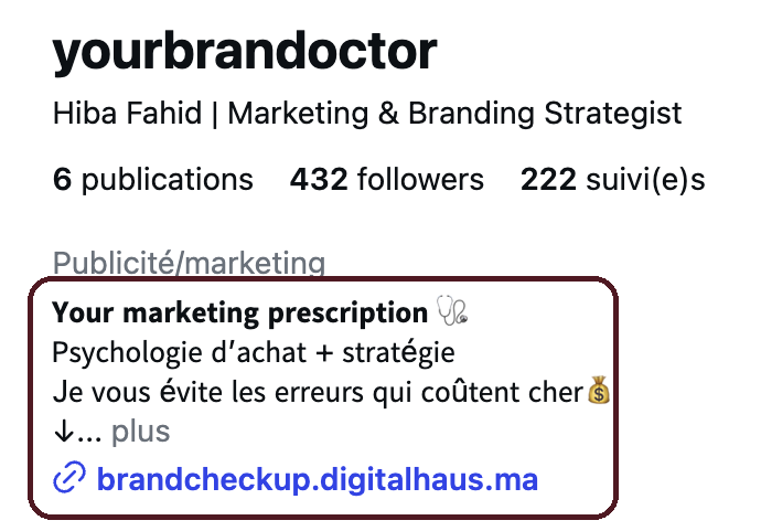 Exemple de bio Instagram : celle de @yourbrandoctor, entourée