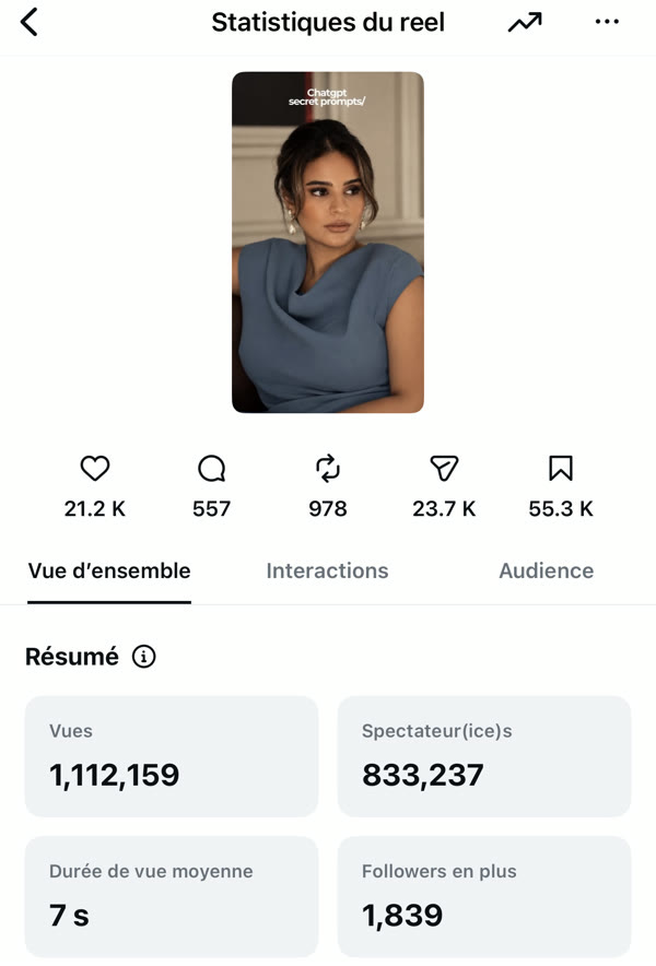 Statistiques Instagram du reel